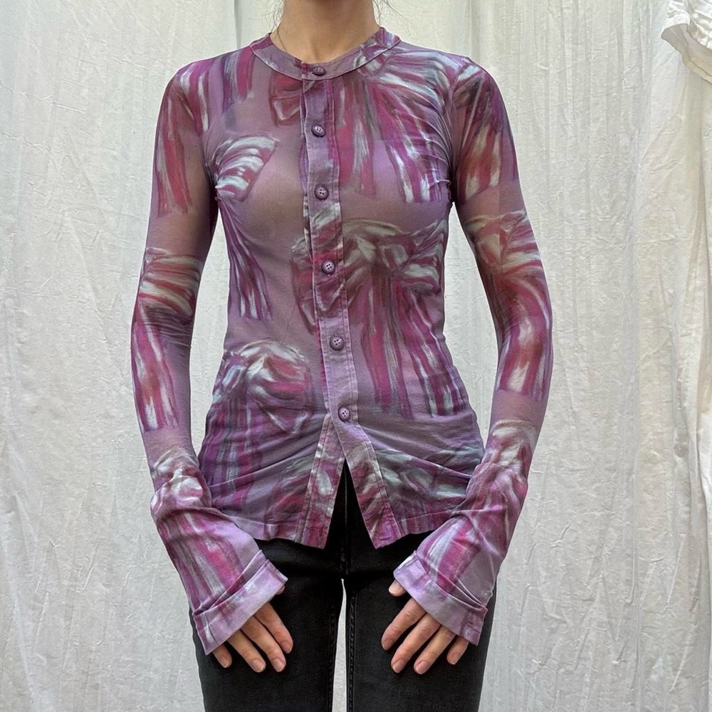 Acne Studios Purple and Blue Crepe‎ Bow Print Button Down Top With Bell Sleeves